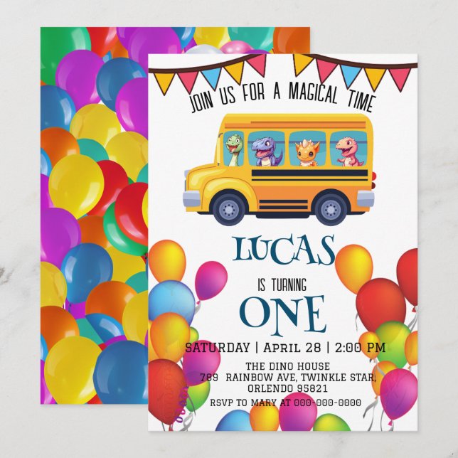 Save The Date Drôle dinosaure Retour à l'école Bus garçon Annive (Devant / Derrière)