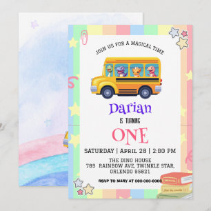 Save The Date Drôle dinosaure Retour À L'École Bus Rainbow Anniv