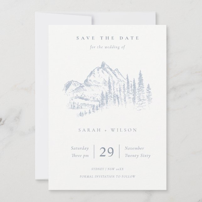 Save The Date Dusky Blue Grey Kraft Rustique Pine Mountain Croqu (Devant)