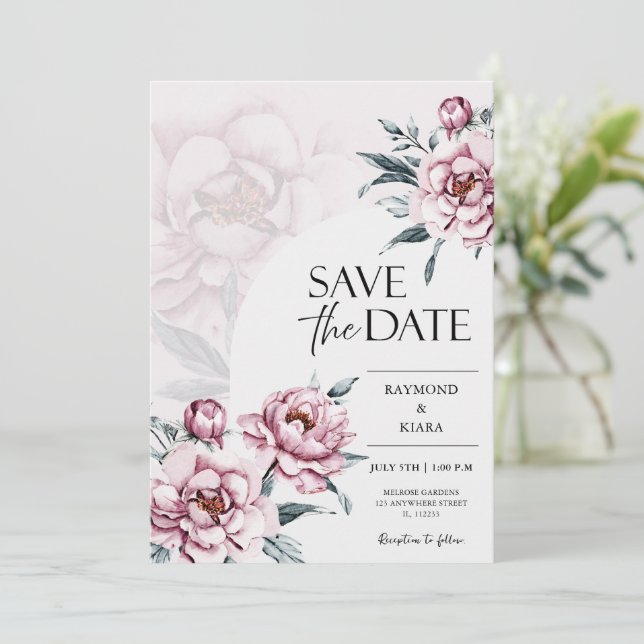 Save The Date Dusky Pink Peony Wedding (Standing Front)