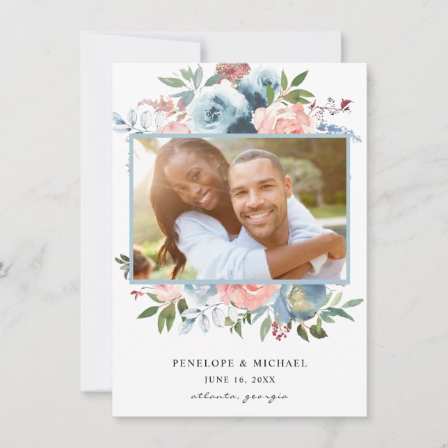 Save The Date Dusty Baby Blue & Pink Floral Enregistrer la date  (Devant)