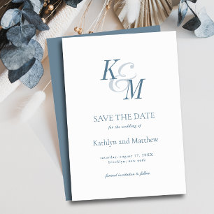 Save The Date Dusty Bleu élégant Mariage classique Monogramme