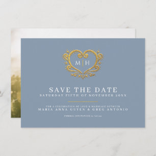 Save The Date Dusty bleu gris or coeur photo mariage