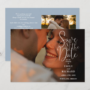 Save The Date Dusty Blue 2 Photo Élégant Script Code QR de maria