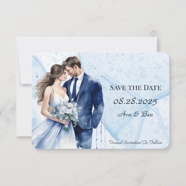 Save The Date Dusty Blue Alcohol Ink Bride & Groom (Devant)