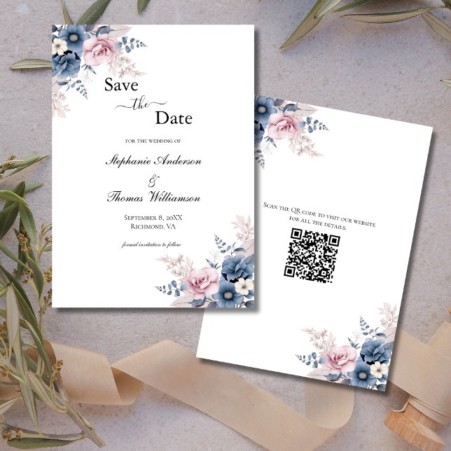 Save The Date Dusty Blue Blush rose floral élégant code QR (Dusty Blue Pink blush floral watercolor Elegant QR code wedding save the date )