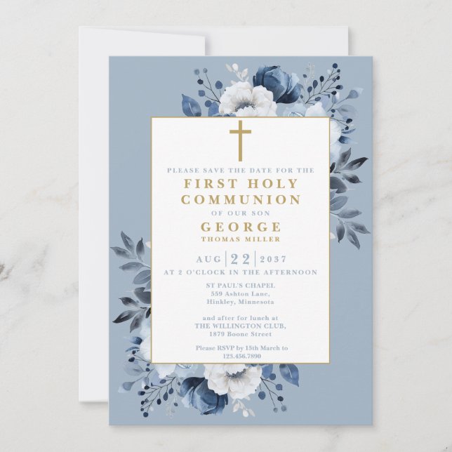 Save The Date Dusty Blue Boho Floral First Holy Communion (Devant)