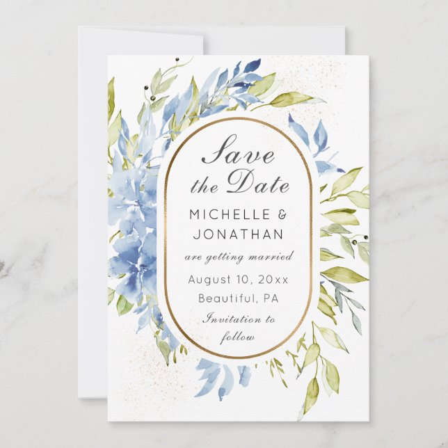 Save The Date Dusty Blue Boho Rose Verdure Or Frame (Devant)