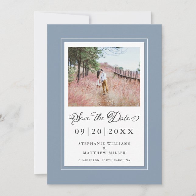 Save The Date Dusty Blue Borders Photo Enregistrer La Date Maria (Devant)