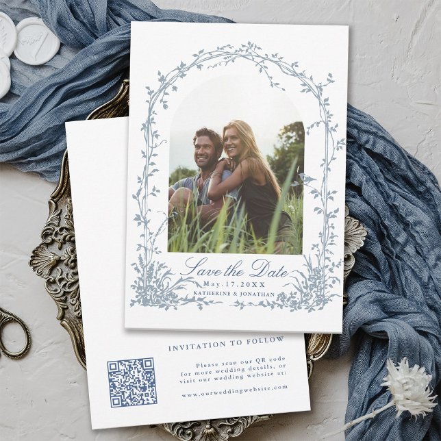 Save The Date Dusty Blue Botanical Arch Garden Wedding Photo (Front & Back)