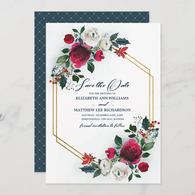 Save the Date. Dusty Blue | Burgundy Bloom Wedding Invitation (Front/Back)
