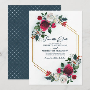 Save the Date. Dusty Blue Burgundy Bloom Wedding Invitation