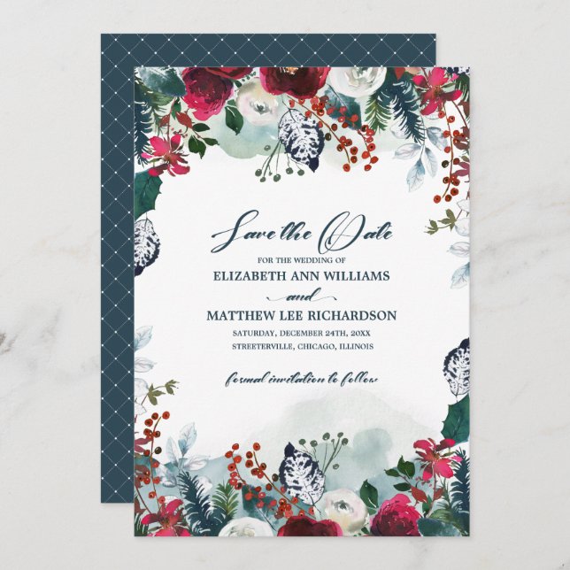 Save the Date. Dusty Blue | Burgundy Bloom Wedding Invitation (Front/Back)