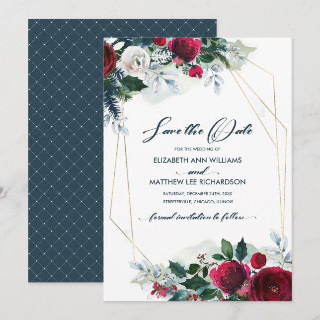 Save the Date. Dusty Blue | Burgundy Bloom Wedding Invitation (Front/Back)