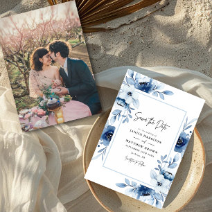 Save The Date Dusty Blue Champagne Ivory Floral Photo Mariage