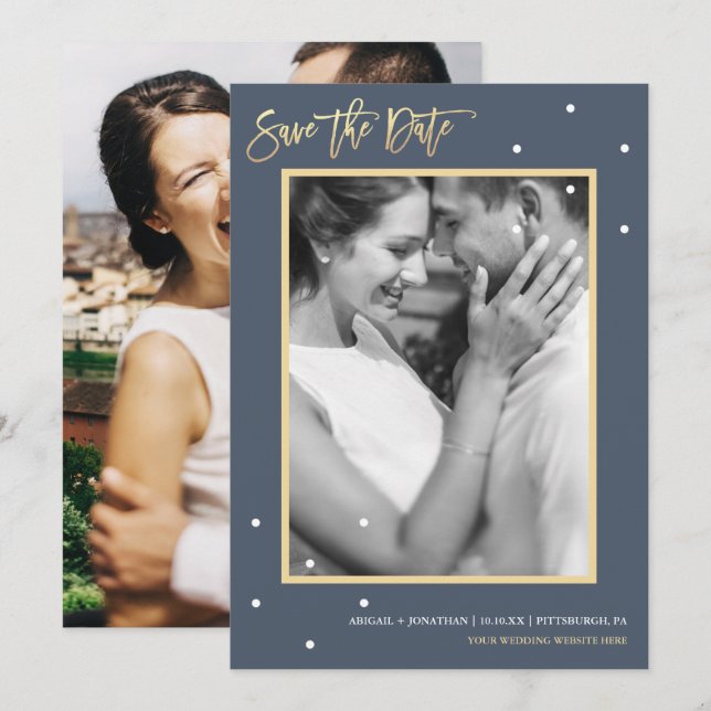 Save The Date Dusty Blue Deux photos avec points Enregistrer la  (Devant / Derrière)