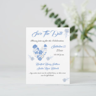 Save The Date Dusty Blue Elegant Blanc Gris Floral Mariage Coeur