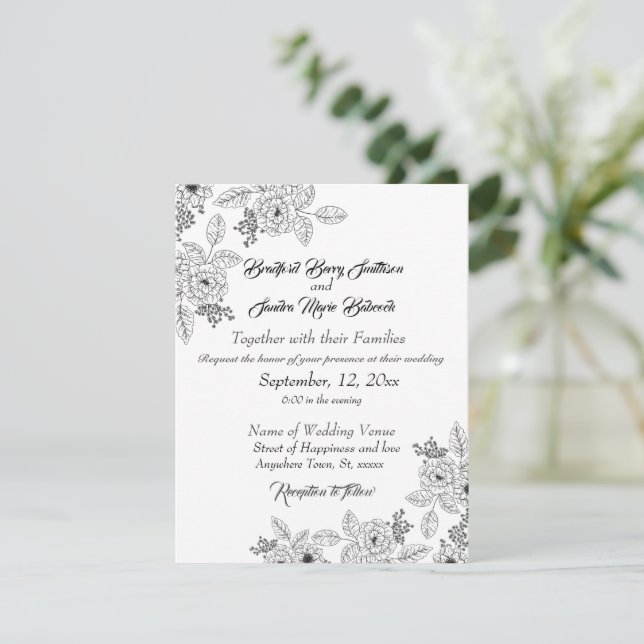 Save The Date Dusty Blue Elegant Blanc Gris Floral Mariage Coeur (Debout devant)