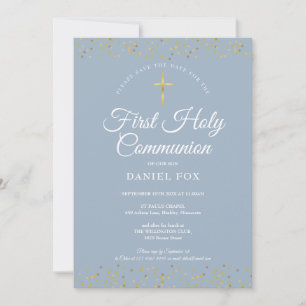 Save The Date Dusty Blue First Holy Communion Gold Dust