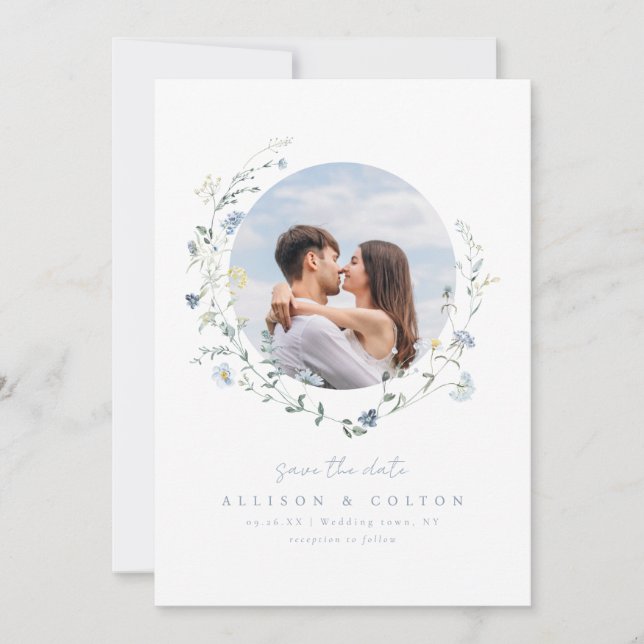Save The Date Dusty Blue Fleur sauvage Rustic Boho Couples photo (Devant)