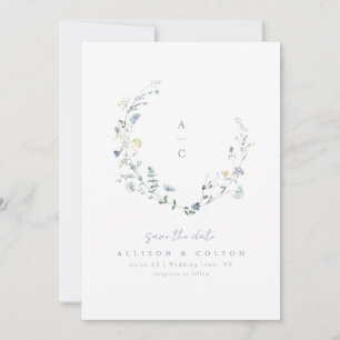 Save The Date Dusty Blue Fleur sauvage Rustic Boho Mariage monog