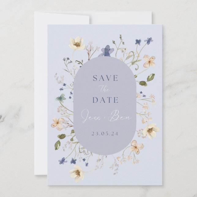 Save The Date Dusty Blue Fleur sauvage Wedding Enregistrer les c (Devant)