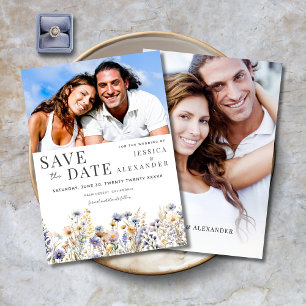 Save The Date Dusty Blue Fleurs sauvages Élégant deux Mariage ph