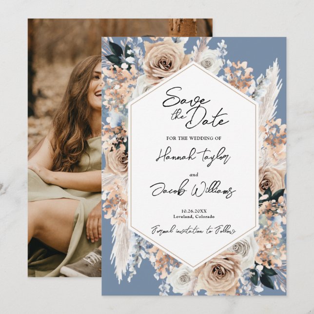 Save The Date Dusty Blue Floral Boho Mariage Photo Enregistrer l (Devant / Derrière)