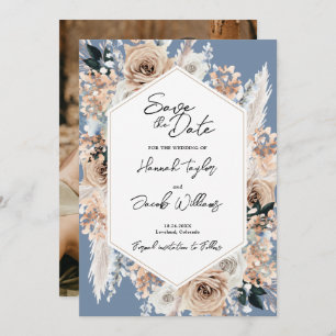 Save The Date Dusty Blue Floral Boho Mariage Photo Enregistrer l