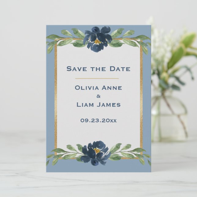 Save The Date Dusty Blue Floral Élégant Mariage or (Debout devant)