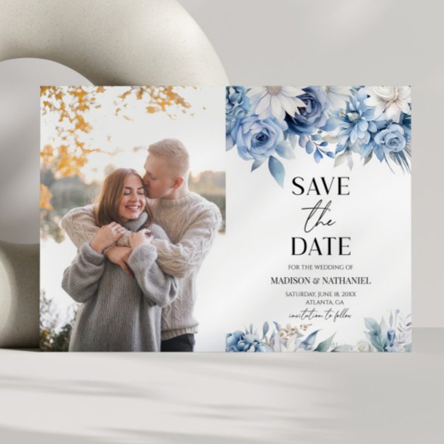 Save The Date Dusty Blue Floral Flower Mariage photo personnalis (Créateur téléchargé)