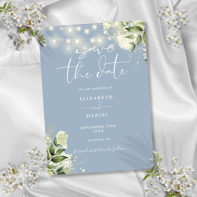 Save The Date Dusty Blue Floral Greenery String Mariage (Dusty Blue Floral Greenery String Lights Wedding Save The Date)