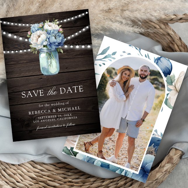 Save The Date Dusty Blue Floral Mason Jar Mariage photo (Créateur téléchargé)