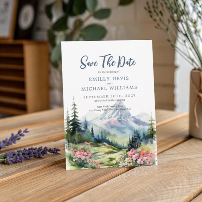 Save The Date Dusty Blue Floral Spring Mountains Mariage (Créateur téléchargé)