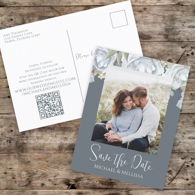 Save the Date Dusty Blue Floral Wedding QR Code Postcard (Creator Uploaded)