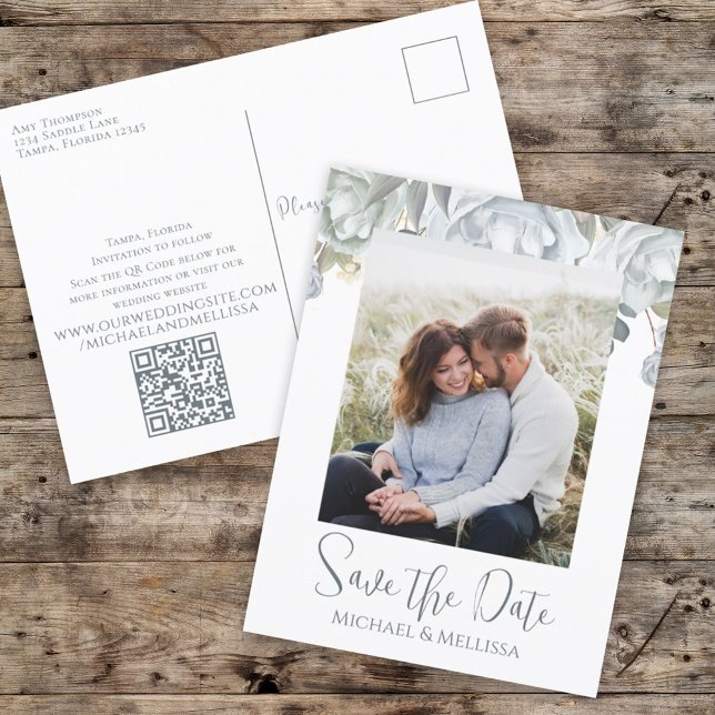 Save the Date Dusty Blue Floral Wedding QR Code Postcard (Creator Uploaded)