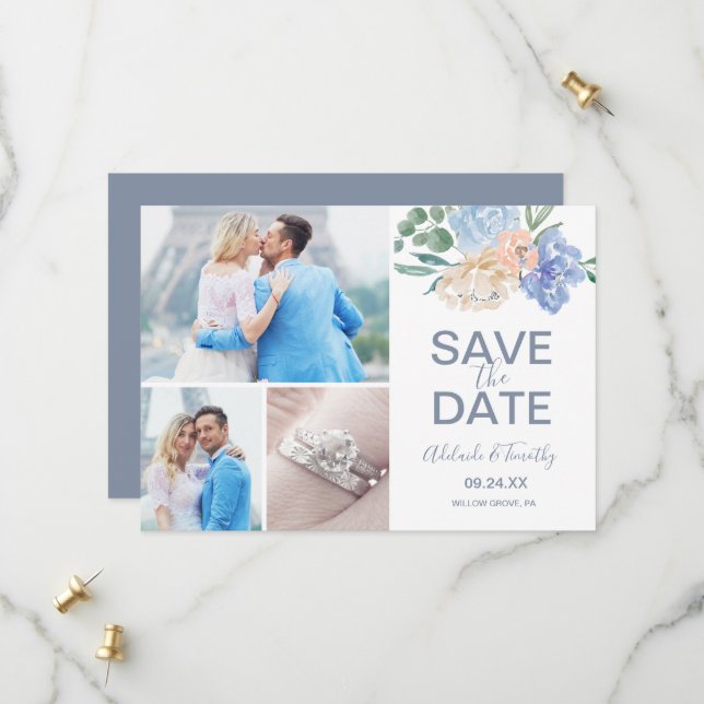 Save The Date Dusty Blue Florals 3 Photo Collage (Devant/Arrière en situation)