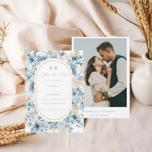 Save The Date Dusty Blue Gold Floral Bloom tout en un Mariage