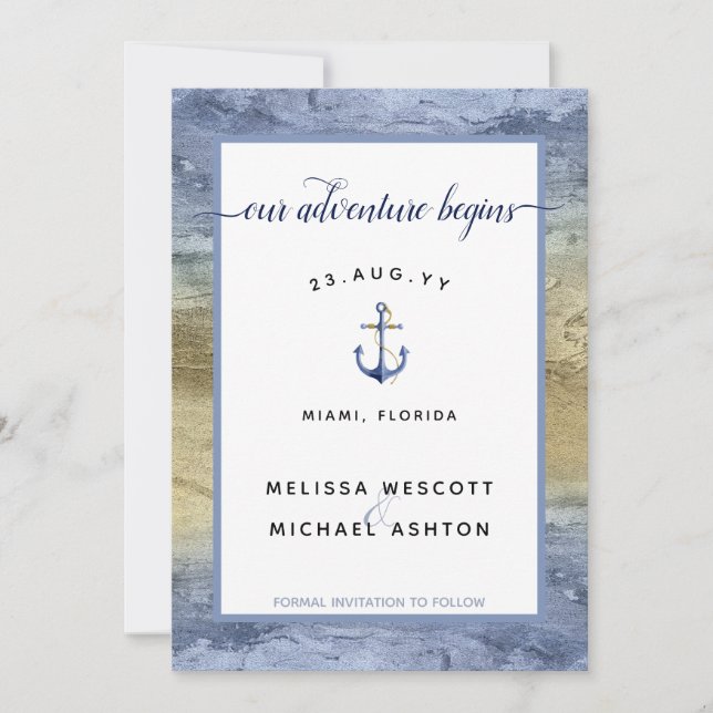 Save The Date Dusty Blue Gold Nautical Navy Mariage d'événements (Devant)