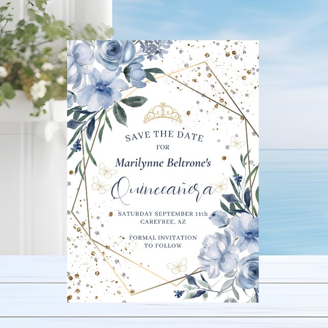 Save The Date Dusty Blue Gold Quinceañera (Créateur téléchargé)