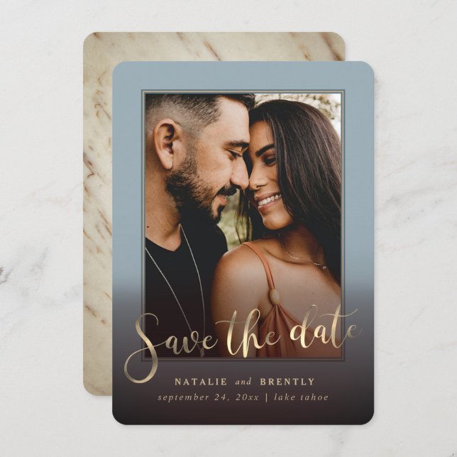 Save The Date Dusty Blue Gold Script & Marble Photo Overlay (Devant / Derrière)