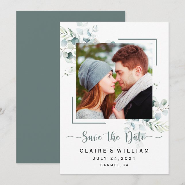 Save The Date Dusty Blue Green Feuilles mariage Enregistrer la d (Devant / Derrière)