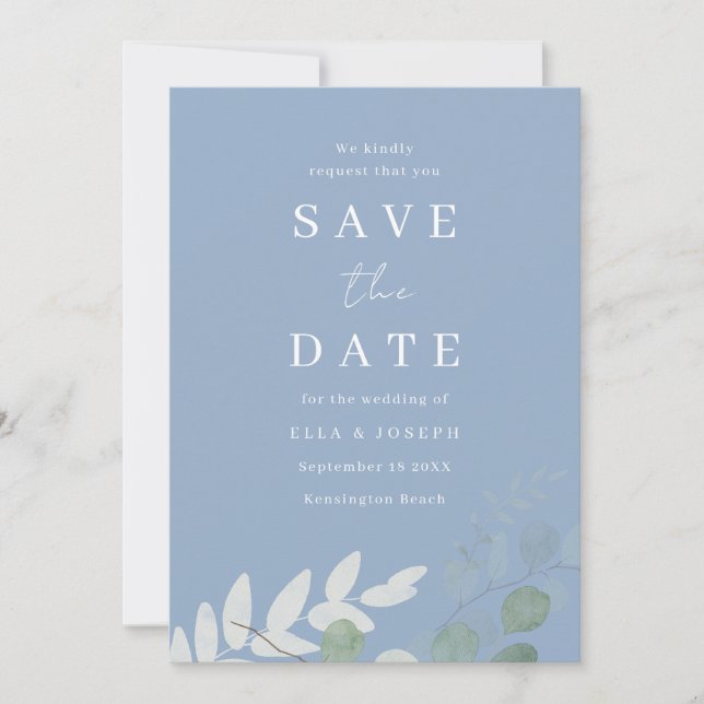 Save The Date Dusty Blue Green Leaf Mariage d'élégance (Devant)