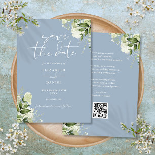 Save The Date Dusty Blue Greenery Floral QR Code Mariage