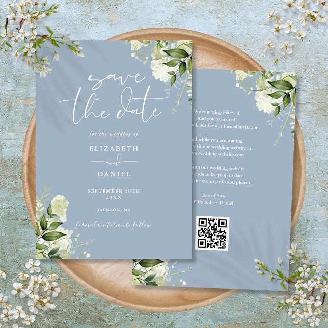 Save The Date Dusty Blue Greenery Floral QR Code Mariage (Dusty Blue Greenery Floral QR Code Wedding Save The Date)
