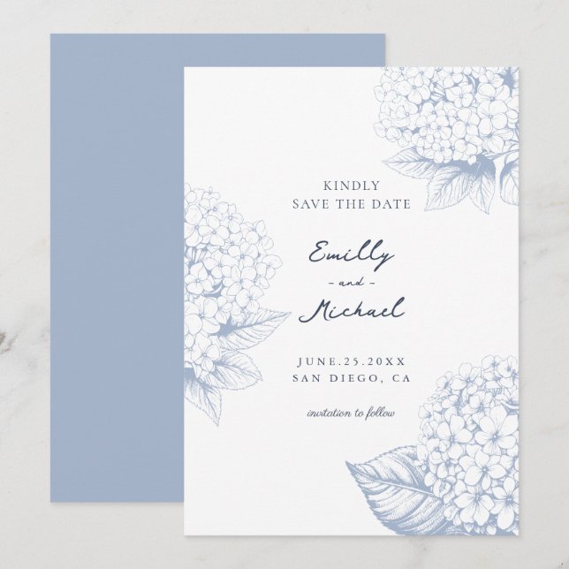 Save The Date Dusty Blue Hydrangea Floral Mariage (Devant / Derrière)