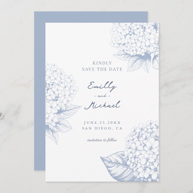 Save The Date Dusty Blue Hydrangea Floral Mariage (Devant / Derrière)