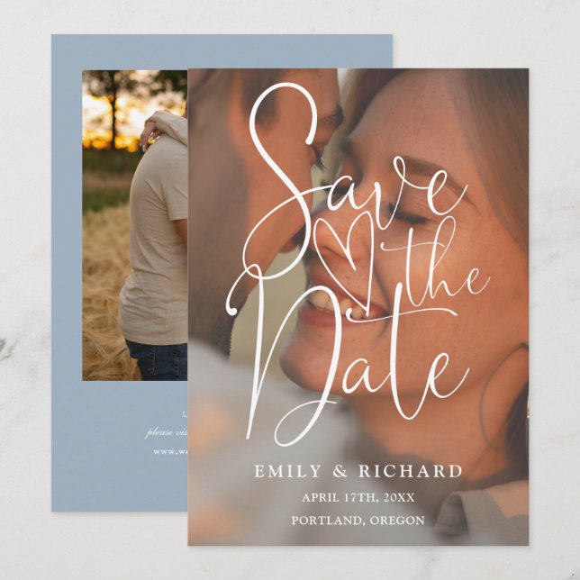 Save The Date Dusty Blue Mariage 2 Photo Élégant Script (Devant / Derrière)