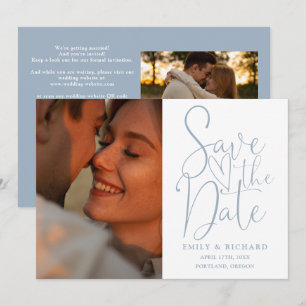 Save The Date Dusty Blue Mariage 2 Photo QR Code Élégant Script
