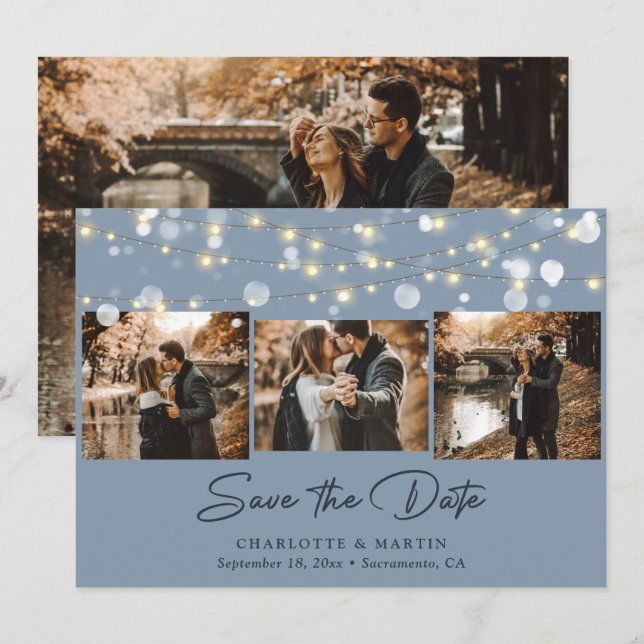 Save The Date Dusty Blue Mariage 4 Photo Collage Enregistrer La  (Devant / Derrière)
